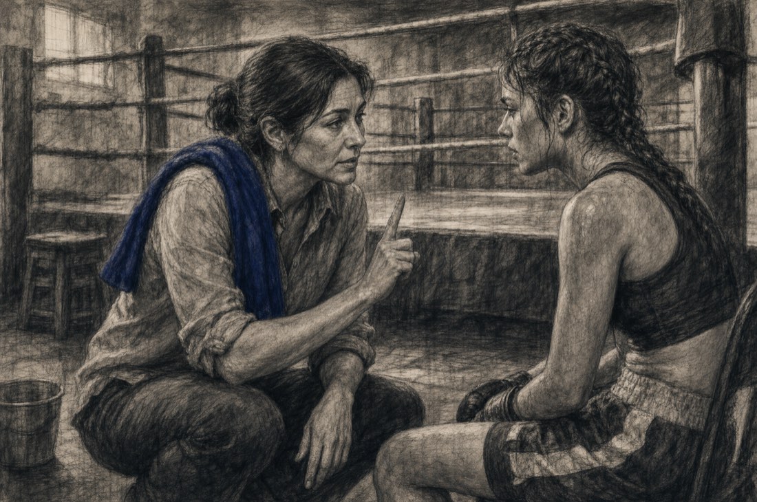 A woman trainer with a royal-blue towel over one shoulder crouches at eye level before a seated young woman boxer, one finger raised, the empty ring behind.